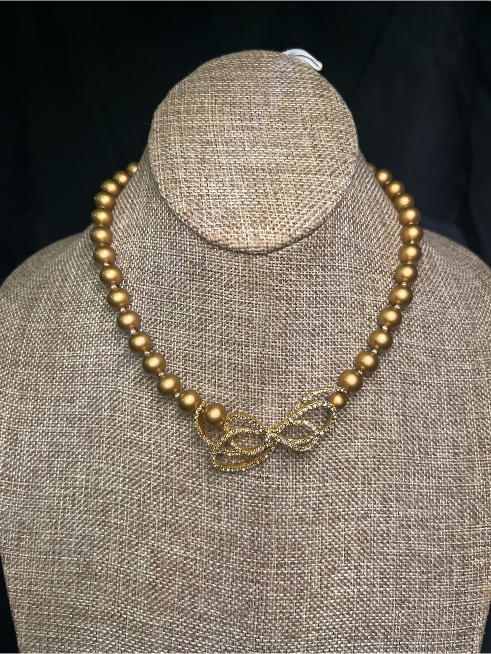 Vintage 90s Carolee Signature Faux Pearl Statement Necklace w Rhinestone Bow